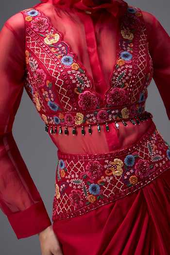 Shop_Aaroh By Dolly_Red , Dupion, Organza Ratan Mahal Embroidered Shirt Draped Skirt Set 