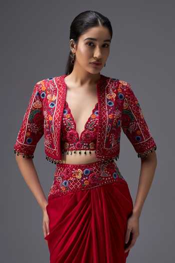 Buy Aaroh By Dolly Red , Dupion, Organza Ratan Mahal Embroidered Cropped Jacket Set Online at Aza Fashions Buy_Aaroh By Dolly_Red , Dupion, Organza Ratan Mahal Embroidered Cropped Jacket Set _Online_at_Aza_Fashions