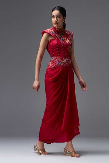 Aaroh By Dolly_Red Silk Mandarin Collar Ratan Mahal Corset Top And Skirt Set _Online_at_Aza_Fashions