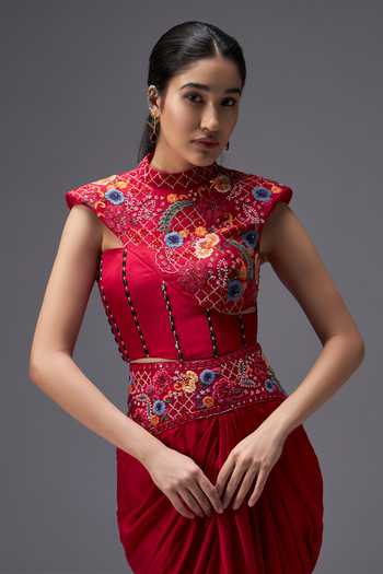 Buy_Aaroh By Dolly_Red Silk Mandarin Collar Ratan Mahal Corset Top And Skirt Set _Online_at_Aza_Fashions