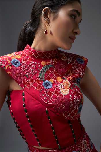 Shop_Aaroh By Dolly_Red Silk Mandarin Collar Ratan Mahal Corset Top And Skirt Set _Online_at_Aza_Fashions