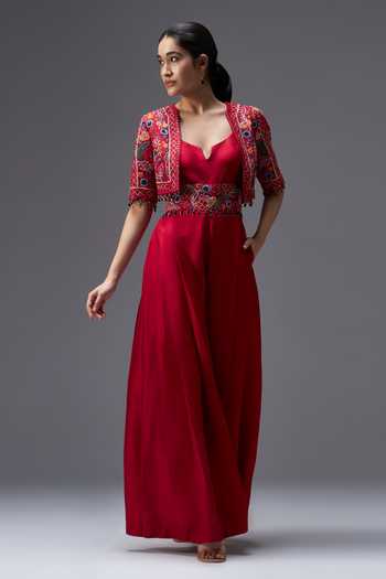 Aaroh By Dolly_Red Silk, Dupion V-, Open Ratan Mahal Jumpsuit With Embroidered Jacket _Online_at_Aza_Fashions