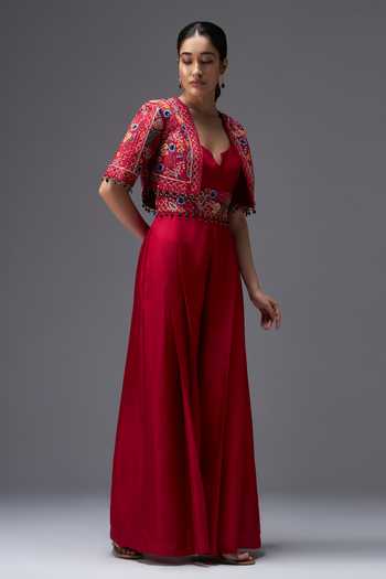 Buy_Aaroh By Dolly_Red Silk, Dupion V-, Open Ratan Mahal Jumpsuit With Embroidered Jacket _Online_at_Aza_Fashions