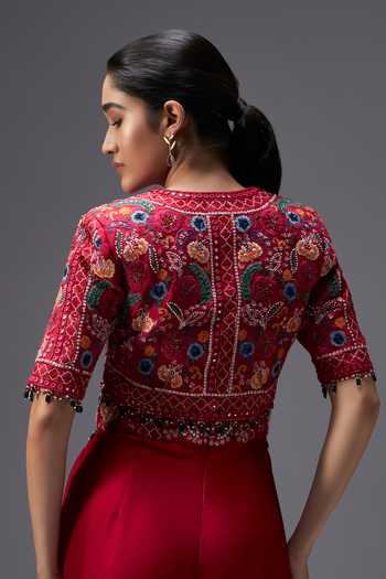 Shop_Aaroh By Dolly_Red Silk, Dupion V-, Open Ratan Mahal Jumpsuit With Embroidered Jacket _Online_at_Aza_Fashions