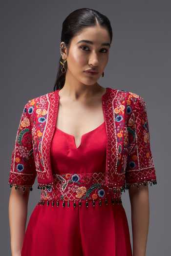 Aaroh By Dolly_Red Silk, Dupion V-, Open Ratan Mahal Jumpsuit With Embroidered Jacket _at_Aza_Fashions