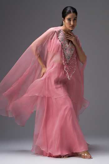 Aaroh By Dolly Pink , Organza, Muslin V-neck Rose Mirage Cape Set Online at Aza Fashions Aaroh By Dolly_Pink , Organza, Muslin V-neck Rose Mirage Cape Set _Online_at_Aza_Fashions