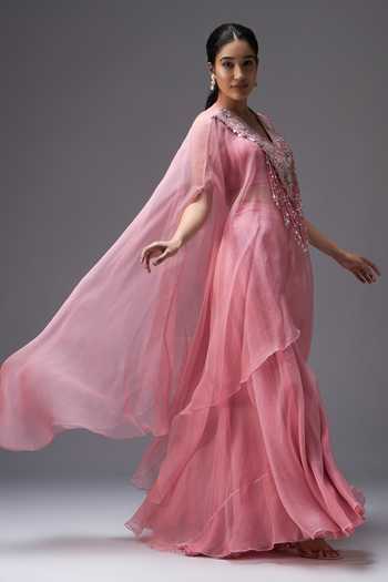 Shop Aaroh By Dolly Pink , Organza, Muslin V-neck Rose Mirage Cape Set Online at Aza Fashions Shop_Aaroh By Dolly_Pink , Organza, Muslin V-neck Rose Mirage Cape Set _Online_at_Aza_Fashions