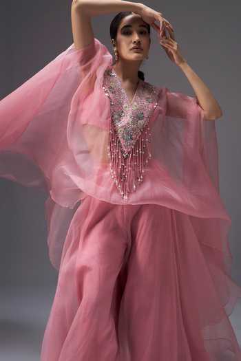 Aaroh By Dolly Pink , Organza, Muslin V-neck Rose Mirage Cape Set at Aza Fashions Aaroh By Dolly_Pink , Organza, Muslin V-neck Rose Mirage Cape Set _at_Aza_Fashions