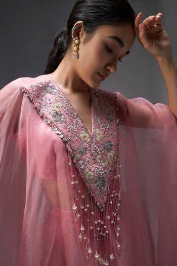 Buy Aaroh By Dolly Pink , Organza, Muslin V-neck Rose Mirage Cape Set Buy_Aaroh By Dolly_Pink , Organza, Muslin V-neck Rose Mirage Cape Set