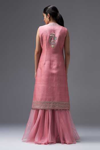 Aaroh By Dolly Rose Mirage Raw Silk Long Jacket & Sharara Set 