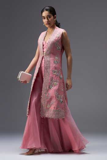 Buy Aaroh By Dolly Pink , Organza, Muslin Rose Mirage Raw Long Jacket And Sharara Set Online at Aza Fashions Buy_Aaroh By Dolly_Pink , Organza, Muslin Rose Mirage Raw Long Jacket And Sharara Set _Online_at_Aza_Fashions