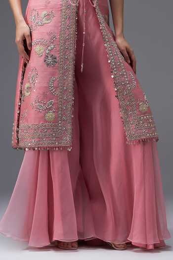 Shop Aaroh By Dolly Pink , Organza, Muslin Rose Mirage Raw Long Jacket And Sharara Set Online at Aza Fashions Shop_Aaroh By Dolly_Pink , Organza, Muslin Rose Mirage Raw Long Jacket And Sharara Set _Online_at_Aza_Fashions