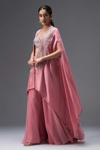 Aaroh By Dolly Pink Silk, Dupion Open , Scoop Rose Mirage Embroidered Cape Sharara Set Online at Aza Fashions Aaroh By Dolly_Pink Silk, Dupion Open , Scoop Rose Mirage Embroidered Cape Sharara Set _Online_at_Aza_Fashions