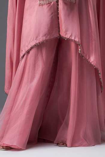 Buy Aaroh By Dolly Pink Silk, Dupion Open , Scoop Rose Mirage Embroidered Cape Sharara Set Online at Aza Fashions Buy_Aaroh By Dolly_Pink Silk, Dupion Open , Scoop Rose Mirage Embroidered Cape Sharara Set _Online_at_Aza_Fashions