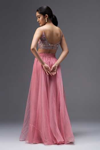 Shop Aaroh By Dolly Pink Silk, Dupion Open , Scoop Rose Mirage Embroidered Cape Sharara Set Online at Aza Fashions Shop_Aaroh By Dolly_Pink Silk, Dupion Open , Scoop Rose Mirage Embroidered Cape Sharara Set _Online_at_Aza_Fashions