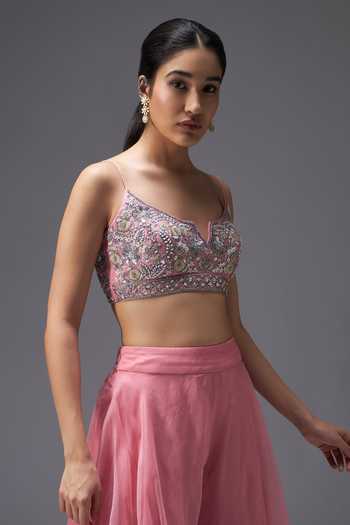 Aaroh By Dolly Pink Silk, Dupion Open , Scoop Rose Mirage Embroidered Cape Sharara Set at Aza Fashions Aaroh By Dolly_Pink Silk, Dupion Open , Scoop Rose Mirage Embroidered Cape Sharara Set _at_Aza_Fashions