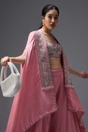 Buy Aaroh By Dolly Pink Silk, Dupion Open , Scoop Rose Mirage Embroidered Cape Sharara Set Buy_Aaroh By Dolly_Pink Silk, Dupion Open , Scoop Rose Mirage Embroidered Cape Sharara Set