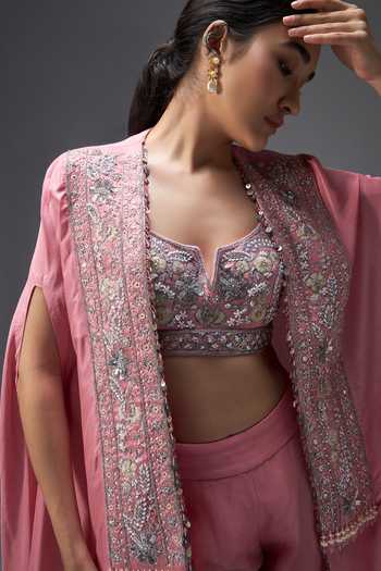 Shop Aaroh By Dolly Pink Silk, Dupion Open , Scoop Rose Mirage Embroidered Cape Sharara Set Shop_Aaroh By Dolly_Pink Silk, Dupion Open , Scoop Rose Mirage Embroidered Cape Sharara Set