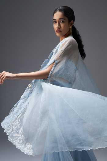 Buy Aaroh By Dolly Blue Silk Organza, Tulle Frosted Whispers Embroidered Cape Sharara Set Online at Aza Fashions Buy_Aaroh By Dolly_Blue Silk Organza, Tulle Frosted Whispers Embroidered Cape Sharara Set _Online_at_Aza_Fashions