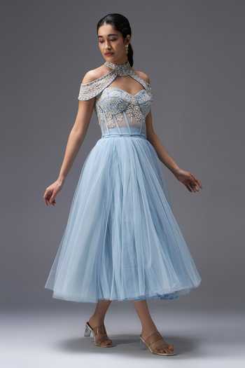 Aaroh By Dolly_Blue Tulle Sweetheart Neck Frosted Whispers Embroidered Cape Skirt Set _Online_at_Aza_Fashions