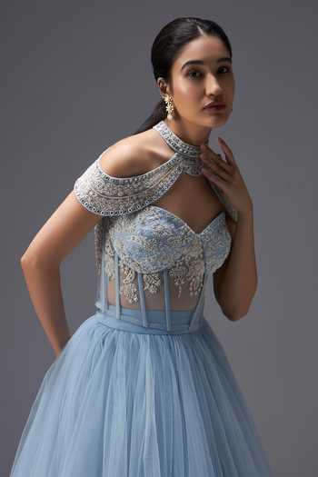 Buy_Aaroh By Dolly_Blue Tulle Sweetheart Neck Frosted Whispers Embroidered Cape Skirt Set _Online_at_Aza_Fashions