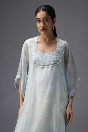 Shop Aaroh By Dolly Blue Silk Organza, Muslin Round Frosted Whispers Yoke Embroidered Kaftan Set Online at Aza Fashions Shop_Aaroh By Dolly_Blue Silk Organza, Muslin Round Frosted Whispers Yoke Embroidered Kaftan Set _Online_at_Aza_Fashions