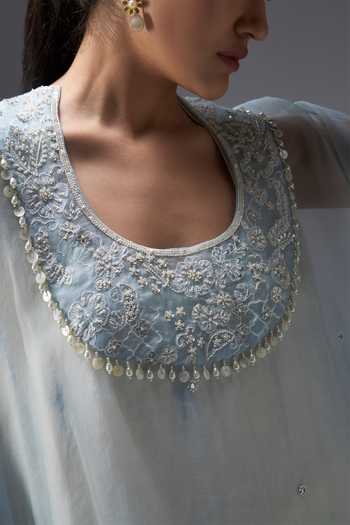 Aaroh By Dolly Blue Silk Organza, Muslin Round Frosted Whispers Yoke Embroidered Kaftan Set at Aza Fashions Aaroh By Dolly_Blue Silk Organza, Muslin Round Frosted Whispers Yoke Embroidered Kaftan Set _at_Aza_Fashions