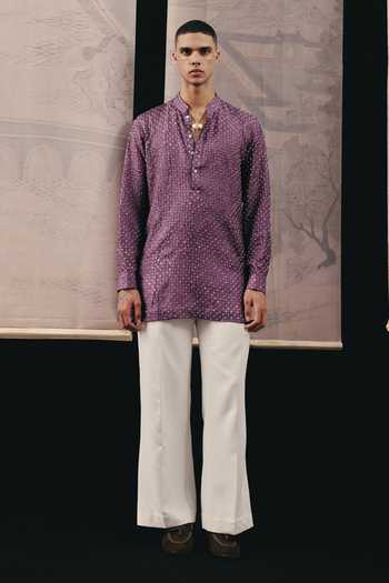 Twenty Nine Purple Silk Rai Bandhani Short Kurta Online at Aza Fashions Twenty Nine_Purple Silk Rai Bandhani Short Kurta _Online_at_Aza_Fashions