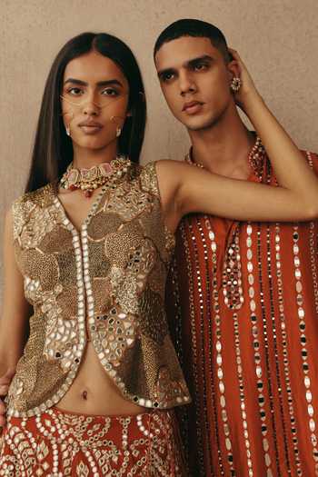Buy_Twenty Nine_Orange Silk Mirror Work Kurta Set _Online_at_Aza_Fashions