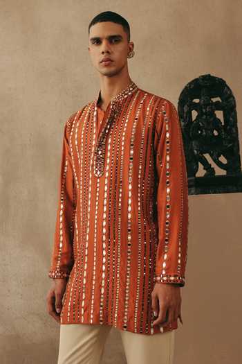 Shop_Twenty Nine_Orange Silk Mirror Work Kurta Set _Online_at_Aza_Fashions