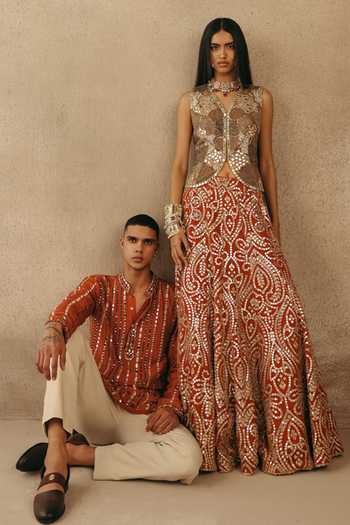 Twenty Nine_Orange Silk Mirror Work Kurta Set _at_Aza_Fashions