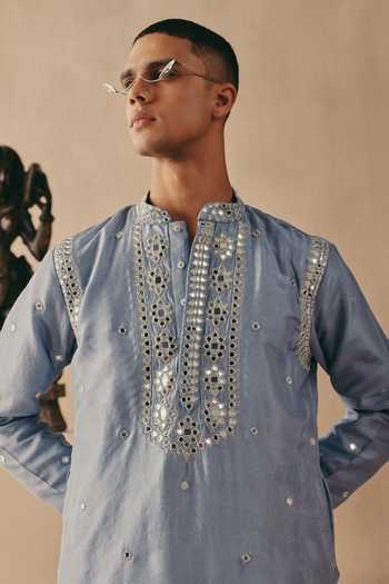 Buy Twenty Nine Sky Blue Silk Mirror And Zari Embellished Kurta Set Online at Aza Fashions Buy_Twenty Nine_Sky Blue Silk Mirror And Zari Embellished Kurta Set _Online_at_Aza_Fashions