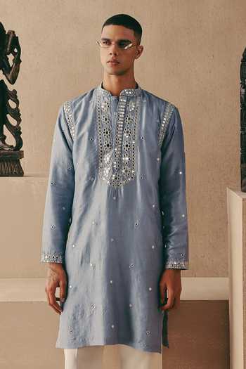 Shop Twenty Nine Sky Blue Silk Mirror And Zari Embellished Kurta Set Online at Aza Fashions Shop_Twenty Nine_Sky Blue Silk Mirror And Zari Embellished Kurta Set _Online_at_Aza_Fashions