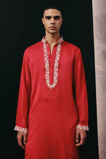 Twenty Nine Red Silk Parsi Gaara Kurta And Pant Set Online at Aza Fashions Twenty Nine_Red Silk Parsi Gaara Kurta And Pant Set _Online_at_Aza_Fashions