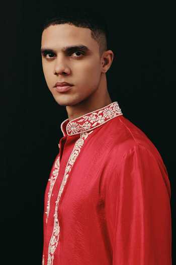 Buy Twenty Nine Red Silk Parsi Gaara Kurta And Pant Set Online at Aza Fashions Buy_Twenty Nine_Red Silk Parsi Gaara Kurta And Pant Set _Online_at_Aza_Fashions