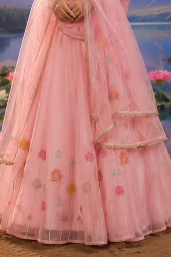 Charu Makkar_Pink Organza, Silk Embroidered Lehenga Set _Online_at_Aza_Fashions
