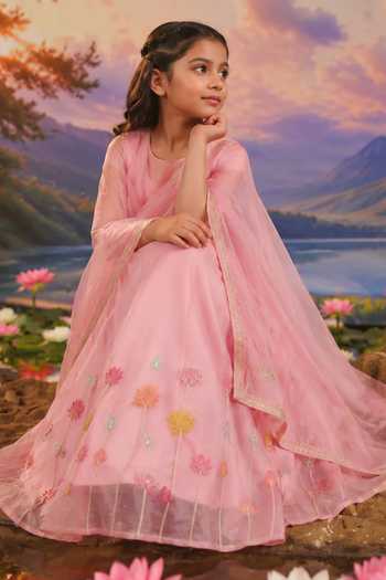 Buy_Charu Makkar_Pink Organza, Silk Embroidered Lehenga Set _Online_at_Aza_Fashions
