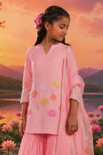 Buy_Charu Makkar_Pink Chanderi, Organza Embroidered Kurta Sharara Set _Online_at_Aza_Fashions