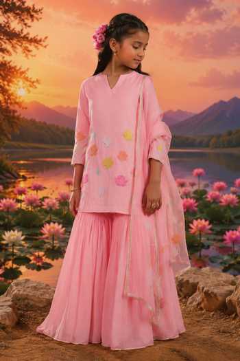 Shop_Charu Makkar_Pink Chanderi, Organza Embroidered Kurta Sharara Set _Online_at_Aza_Fashions