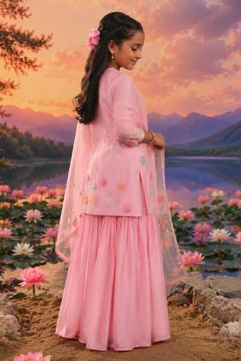 Charu Makkar_Pink Chanderi, Organza Embroidered Kurta Sharara Set _at_Aza_Fashions