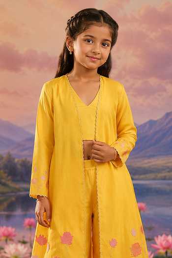 Charu Makkar_Yellow Silk, Chanderi Jacket Set _Online_at_Aza_Fashions
