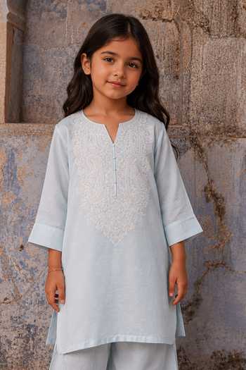 Shop Charu Makkar Blue Silk Embroidered Kurta And Palazzo Set Online at Aza Fashions Shop_Charu Makkar_Blue Silk Embroidered Kurta And Palazzo Set _Online_at_Aza_Fashions