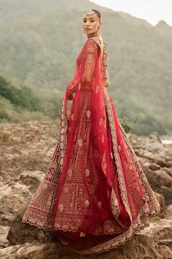 Nitika Gujral_Maroon Silk, Net Sweetheart Neck Ruby Heirloom Bridal Lehenga Set _Online_at_Aza_Fashions