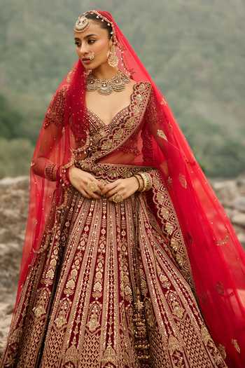 Buy_Nitika Gujral_Maroon Silk, Net Sweetheart Neck Ruby Heirloom Bridal Lehenga Set _Online_at_Aza_Fashions
