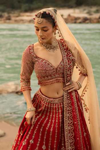 Buy Nitika Gujral Red Silk, Net Sweetheart Neck Crimson Royale Bridal Lehenga Set Online at Aza Fashions Buy_Nitika Gujral_Red Silk, Net Sweetheart Neck Crimson Royale Bridal Lehenga Set _Online_at_Aza_Fashions