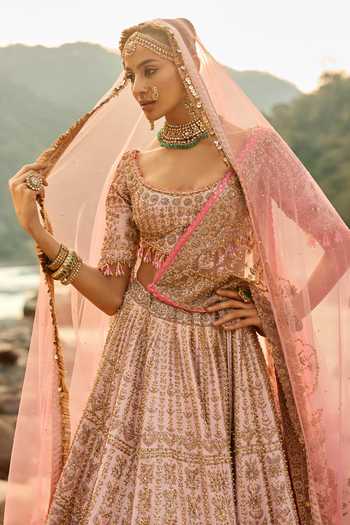 Buy Nitika Gujral Pink Silk, Net Round Neck Blush Vintage Bridal Lehenga Set Online at Aza Fashions Buy_Nitika Gujral_Pink Silk, Net Round Neck Blush Vintage Bridal Lehenga Set _Online_at_Aza_Fashions