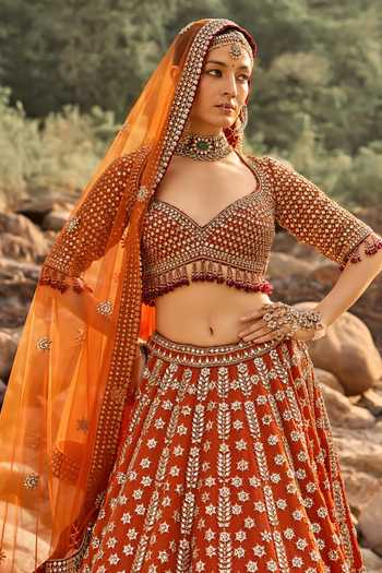 Nitika Gujral Rust Silk, Net, Velvet Sweetheart Neck Amber Lehenga Set Online at Aza Fashions Nitika Gujral_Rust Silk, Net, Velvet Sweetheart Neck Amber Lehenga Set _Online_at_Aza_Fashions