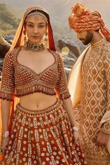 Shop Nitika Gujral Rust Silk, Net, Velvet Sweetheart Neck Amber Lehenga Set Online at Aza Fashions Shop_Nitika Gujral_Rust Silk, Net, Velvet Sweetheart Neck Amber Lehenga Set _Online_at_Aza_Fashions