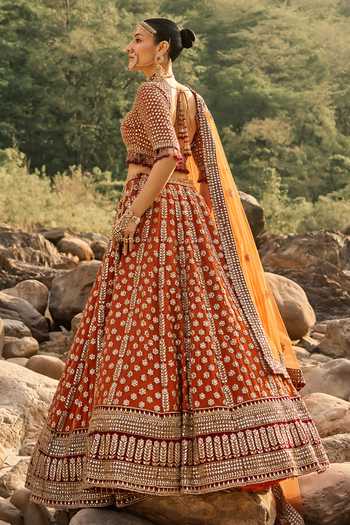 Nitika Gujral Rust Silk, Net, Velvet Sweetheart Neck Amber Lehenga Set at Aza Fashions Nitika Gujral_Rust Silk, Net, Velvet Sweetheart Neck Amber Lehenga Set _at_Aza_Fashions