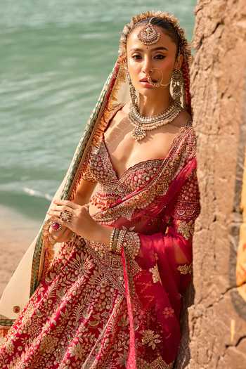 Buy Nitika Gujral Red Silk, Net Sweetheart Neck Vermillion Forest Bridal Lehenga Set Online at Aza Fashions Buy_Nitika Gujral_Red Silk, Net Sweetheart Neck Vermillion Forest Bridal Lehenga Set _Online_at_Aza_Fashions